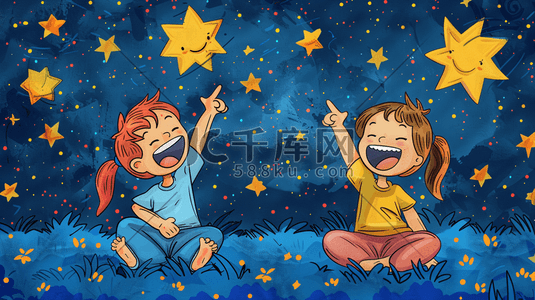 草地上观赏夜空星星的两个小孩插画