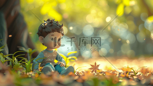地面清洁插画图片_3D坐在森林落叶地面上的小男孩插画