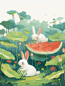 切开的小半西柚插画图片_夏季风景荷叶小兔西瓜手绘插画海报