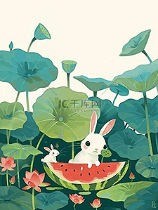 切开的小半西柚插画图片_夏季海报风景荷叶小兔西瓜手绘插画