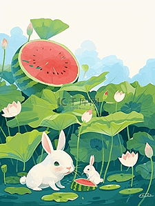 切开的小半西柚插画图片_夏季风景荷叶小兔西瓜插画手绘海报
