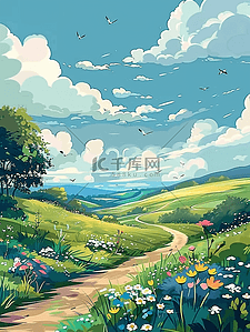 弯曲插画图片_手绘夏季海报风景弯曲小路植物插画海报