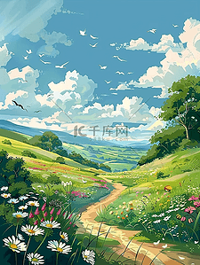 弯曲插画图片_夏季风景弯曲小路手绘植物海报插画海报