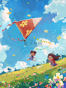 可爱孩子海报放风筝手绘插画