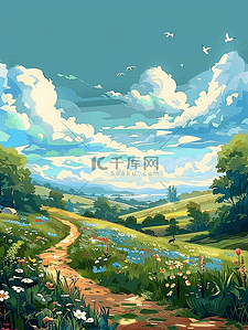 弯曲插画图片_夏季风景弯曲小路手绘海报植物矢量插画