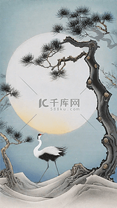 照插画图片_国风仙鹤明月松间照国画插画图片