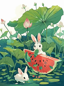 夏季插画风景荷叶小兔西瓜手绘海报