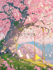 盛开樱花手绘风景唯美插画海报