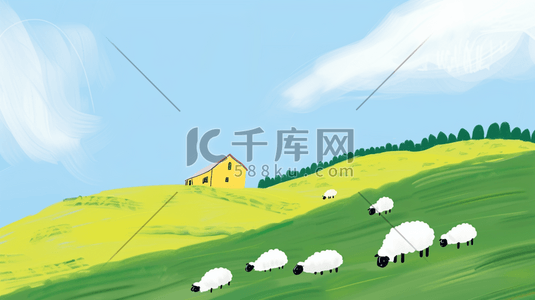 农场大门插画图片_初夏农场农庄山坡上的羊群风景插画素材