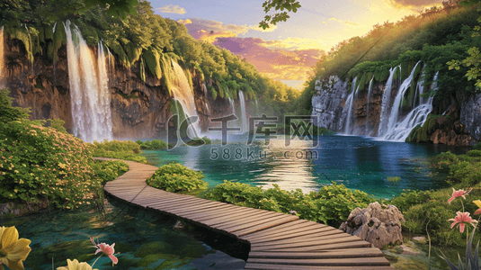 栈桥线稿插画图片_森林中的蓝色湖泊上的栈桥插画