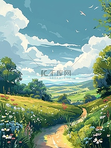 弯曲插画图片_风景弯曲小路夏季植物手绘海报矢量插画