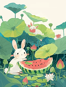 切开的小半西柚插画图片_夏季风景荷叶小兔西瓜手绘海报插画