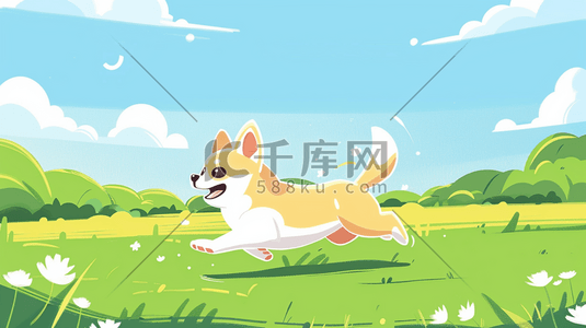 绿色草地上奔跑的小狗插画