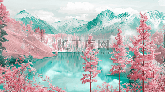 雪山湖面插画图片_粉色鲜花盛开的雪山湖泊插画