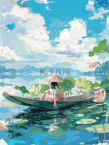 卡通船船插画图片_莲花荷叶撑船手绘插画海报夏季