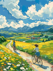 夏季田间风景手绘海报插画