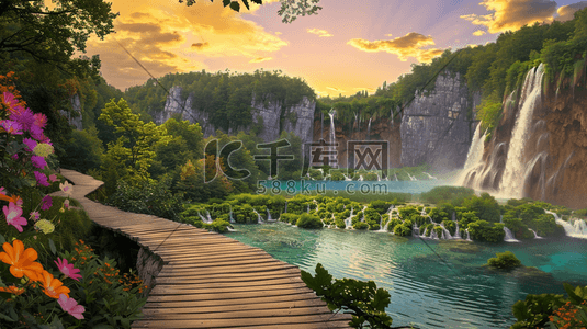 森林中的蓝色湖泊上的栈桥插画