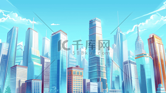 蓝色科技感城市建筑风景插画