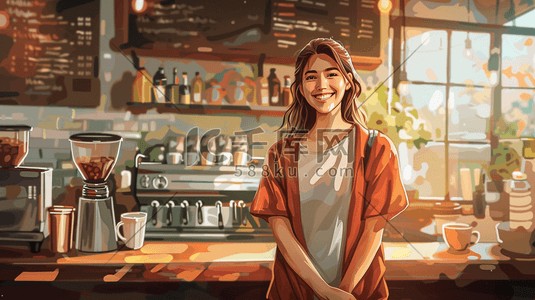 咖啡简笔插画图片_咖啡馆里笑容满脸的女孩插画