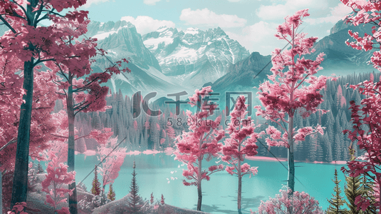 粉色鲜花盛开的雪山湖泊插画