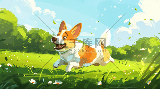 绿色草地上奔跑的小狗插画