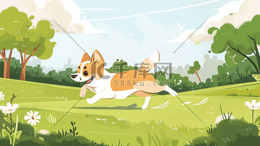 动物小狗狗插画图片_绿色草地上奔跑的小狗插画