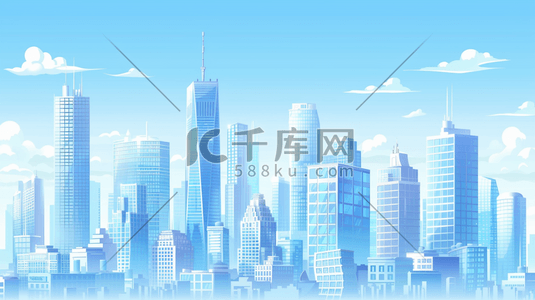 蓝色高楼大厦插画图片_蓝色科技感城市建筑风景插画