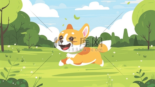 动物小狗狗插画图片_绿色草地上奔跑的小狗插画