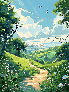 白云手绘插画图片_夏天风景蓝天插画白云手绘海报