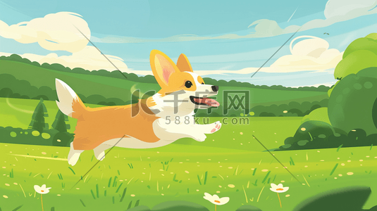 绿色小动物插画图片_绿色草地上奔跑的小狗插画