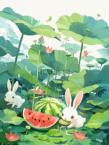 切开的小半西柚插画图片_夏季手绘风景荷叶小兔西瓜插画海报