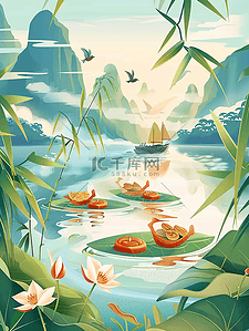 卡通白鹤插画图片_夏季插画风景手绘唯美海报