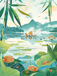 卡通白鹤插画图片_海报夏季风景手绘唯美插画