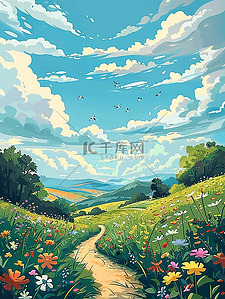 夏季风景弯曲小路植物手绘海报插画图片