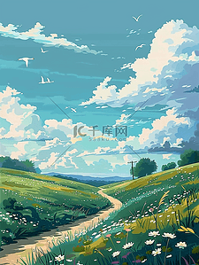 弯曲插画图片_海报夏季手绘风景弯曲小路植物插画