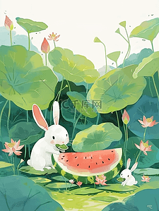 切开的小半西柚插画图片_夏季风景手绘荷叶小兔西瓜插画海报