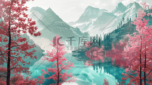 雪山湖面插画图片_粉色鲜花盛开的雪山湖泊插画