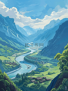 弯曲河流插画图片_夏天山水插画手绘海报