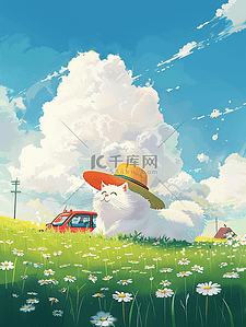 小车插画图片_夏天山坡花草手绘插画唯美