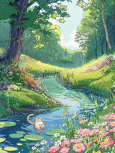 矢量花朵卡通插画图片_河边小草花朵树木小猫手绘海报夏季矢量插画