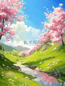 夏季樱花手绘草地小溪插画海报