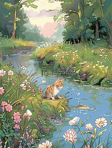 卡通小猫插画图片_河边小草花朵树木夏季小猫手绘海报插画图片