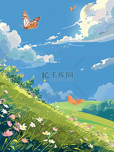 小河流河流插画图片_唯美夏季山坡小草河流手绘插画