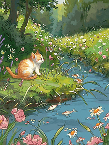 河边夏季小草花朵树木小猫手绘海报插画图片