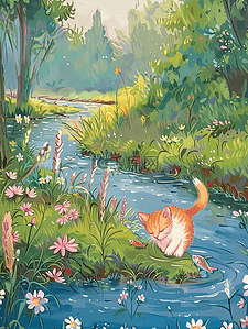 花朵手绘矢量插画图片_手绘海报夏季河边小草花朵树木小猫矢量插画