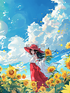夏季女孩唯美手绘插画向日葵海报