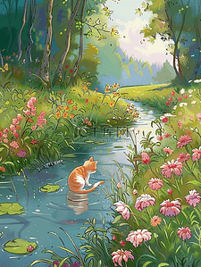 矢量花朵卡通插画图片_海报夏季河边小草花朵树木小猫手绘矢量插画