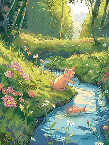 夏季海报河边小草花朵树木小猫手绘矢量插画