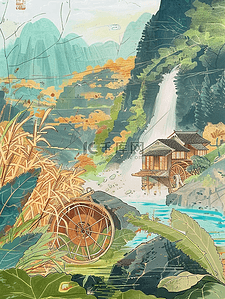夏季山川河流风景插画手绘