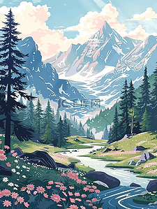 唯美山水风景手绘油画夏季海报插画设计